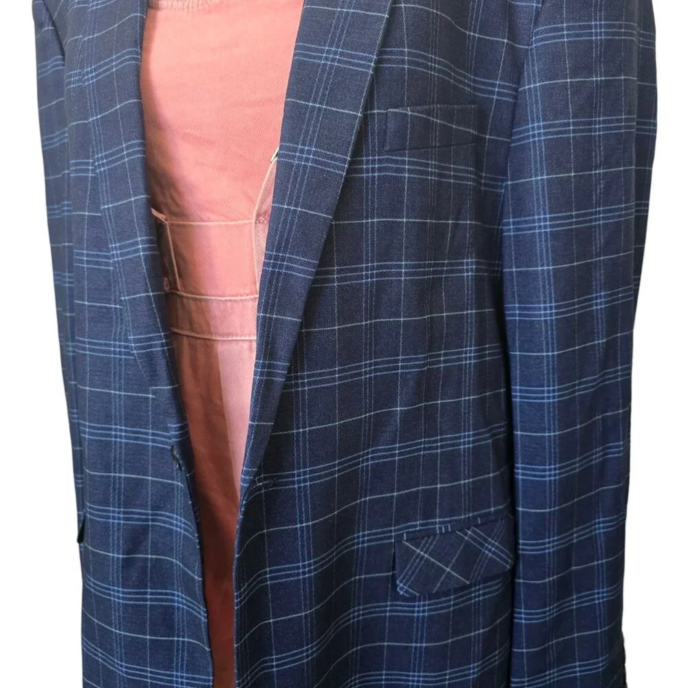 Men's Blue on Blue Plaid Custom Tailored 1 Button Sports Coat Jacket Blazer